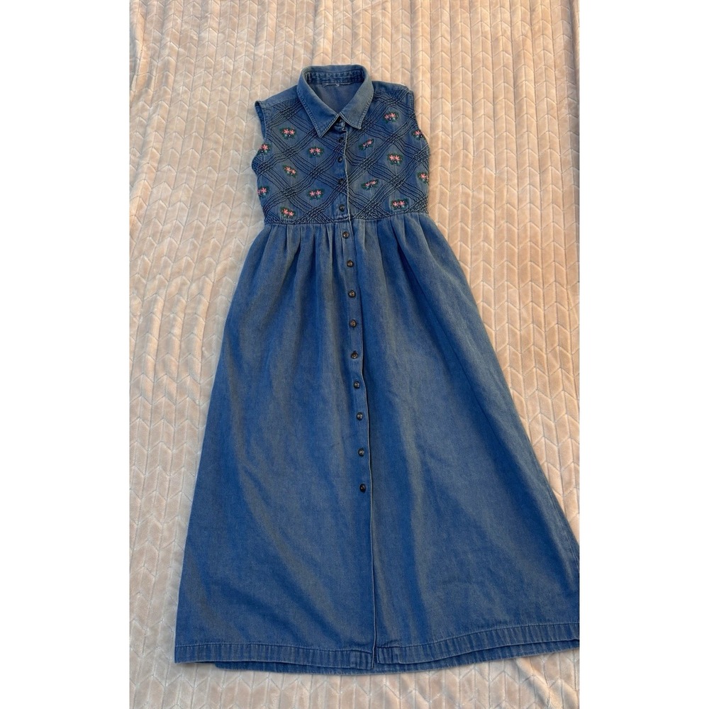 Vtg 90s Cottagecore Denim Maxi Dress Floral Embroidered Smocked Coquette L - Picture 8 of 13